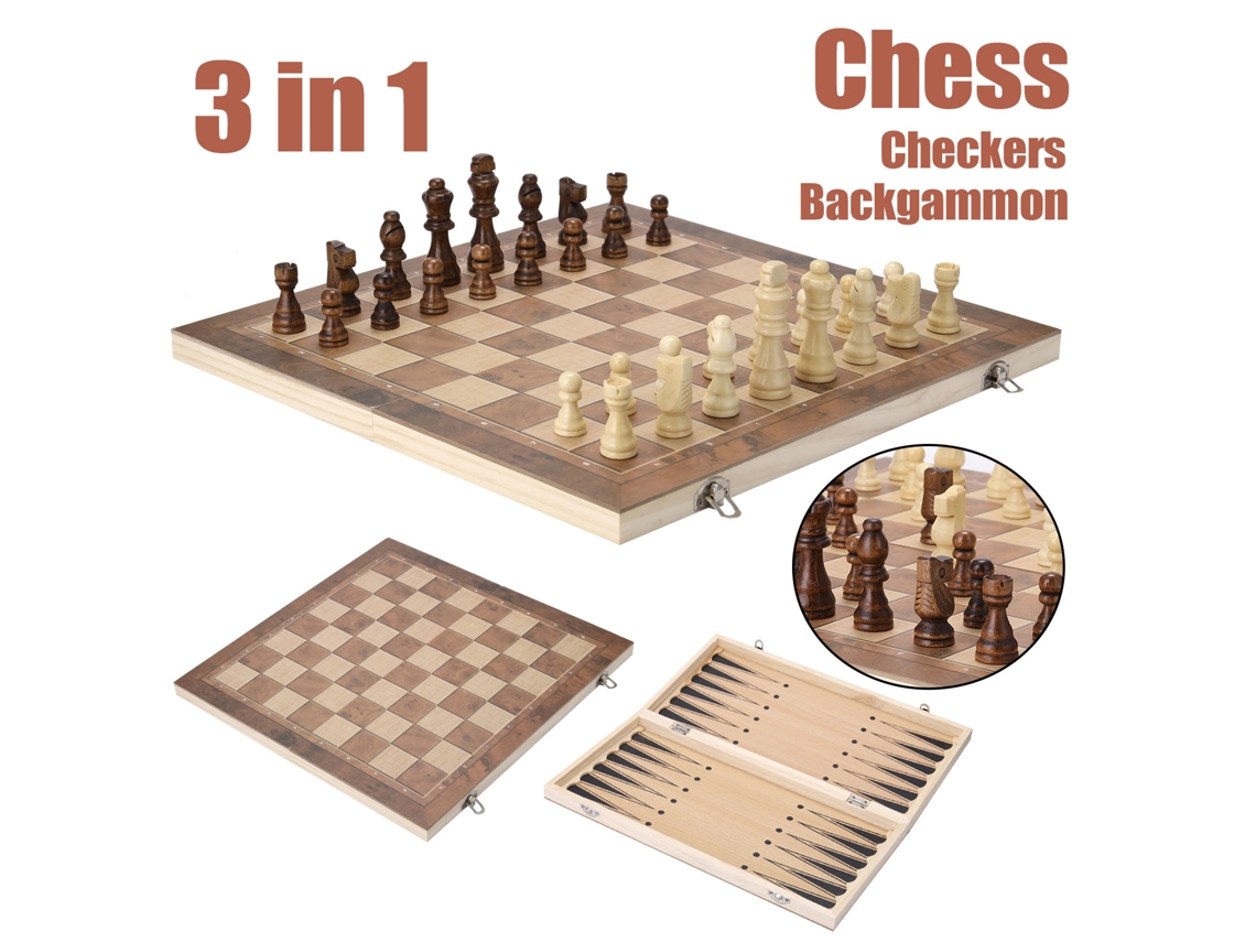Juego De Ajedrez De Madera 3 En 1 Con Tablero, Damas Y Backgammon Para Niños Y Adultos, 23,9 X 23,9 Cm.