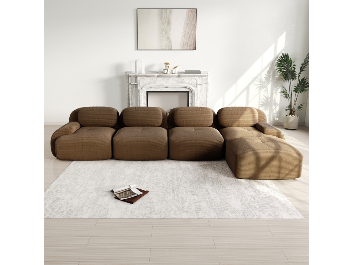 Sofá Esquinero 4 Plazas - Chaiselongue, 32d Acolchado, Brazos Anchos, Antideslizante - Marrón