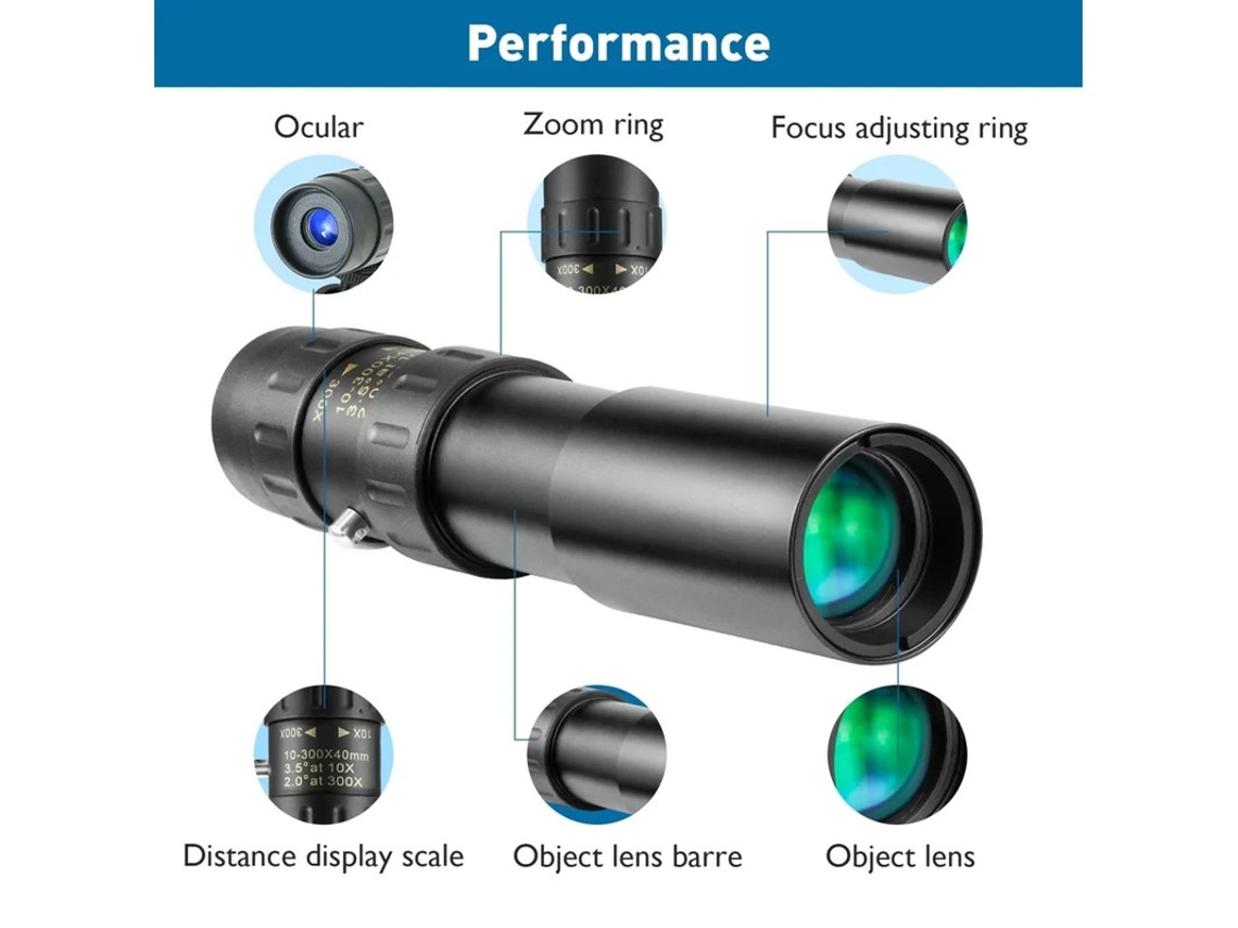 Telescopio monocular compacto con zoom 10x 300x para adultos, telescopio de alta potencia con carcasa metálica, prisma Bak4 y lente Bestvite.