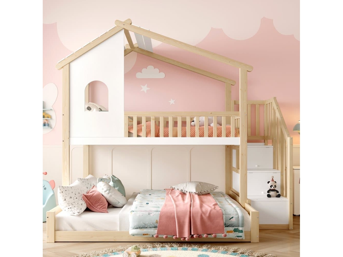 Litera 90x200cm+140x200cm - Con Barrera De Cama, Escalera Con Almacenaje, Ventana Y Diseño De Casita - Natural Y Blanco