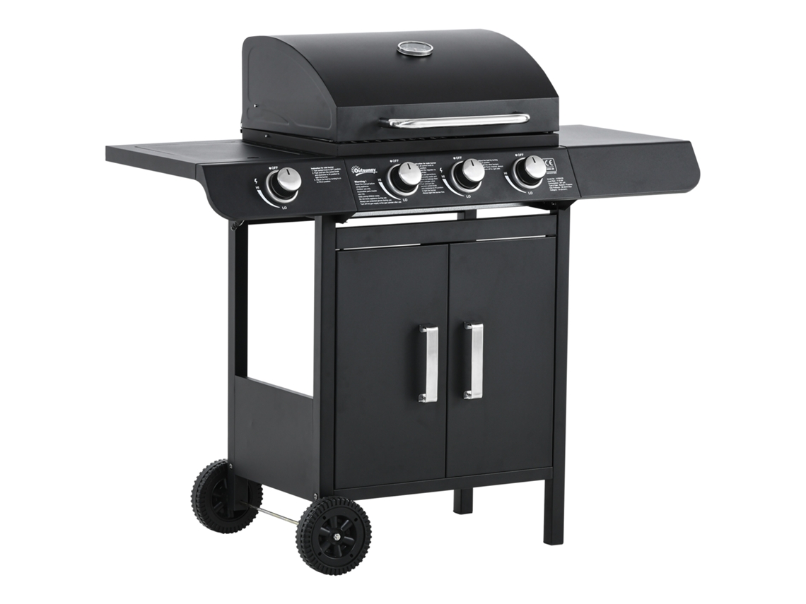 Parrilla De Gas Con 3+1 Quemadores, 11,6 Kw, Mesas Laterales, Mueble De Acero Inoxidable, 110x50x100 Cm, Color Negro.