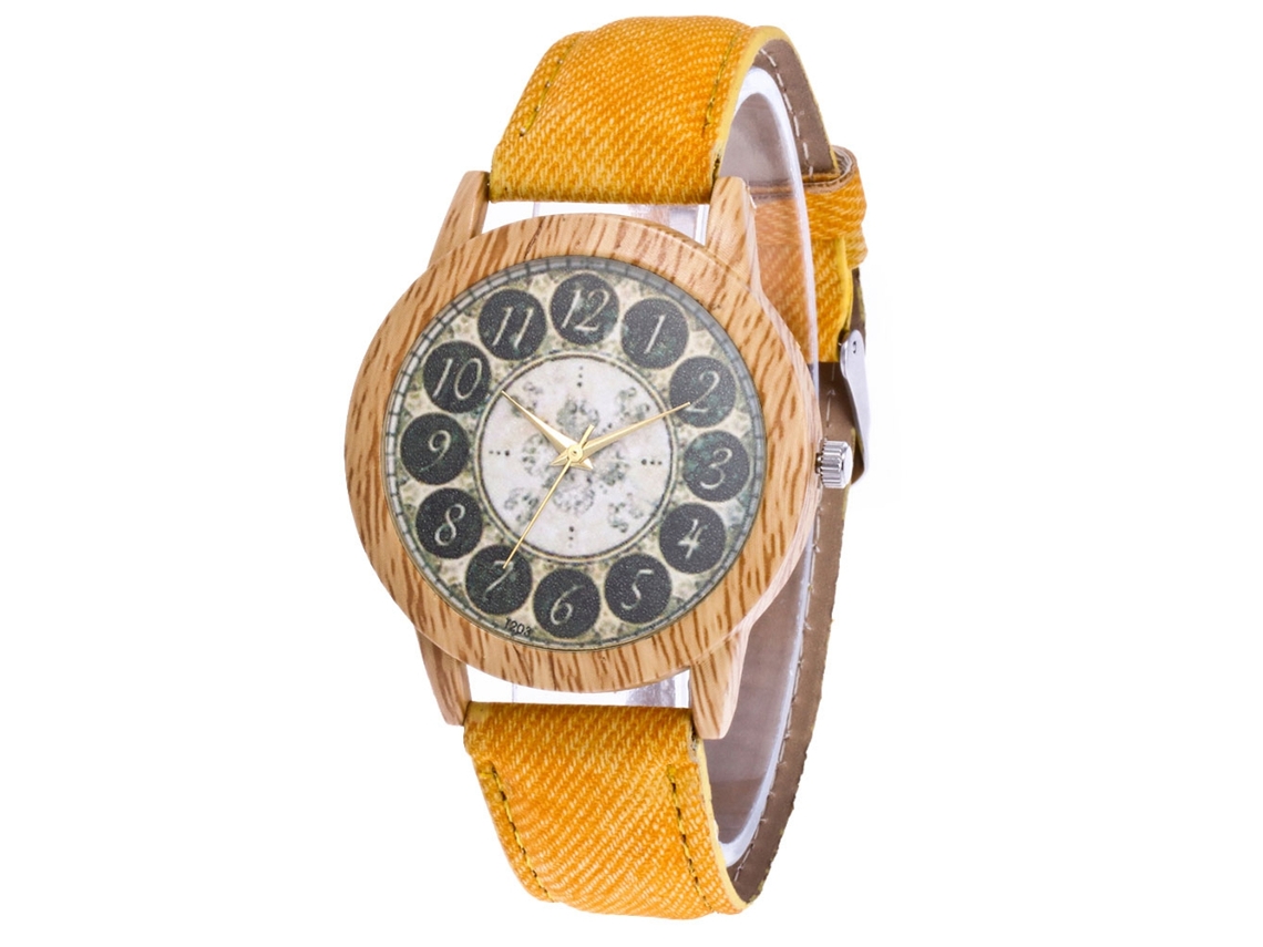 Reloj De Pulsera Unisex Con Correa De Mezclilla Amarilla Con Estampado Antiguo.