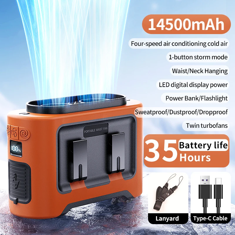Ventilador Portátil De Cuello Para Exteriores (naranja), Con Dos Potentes Salidas De Aire, Pantalla Digital Led Y Batería De 14500 Mah.