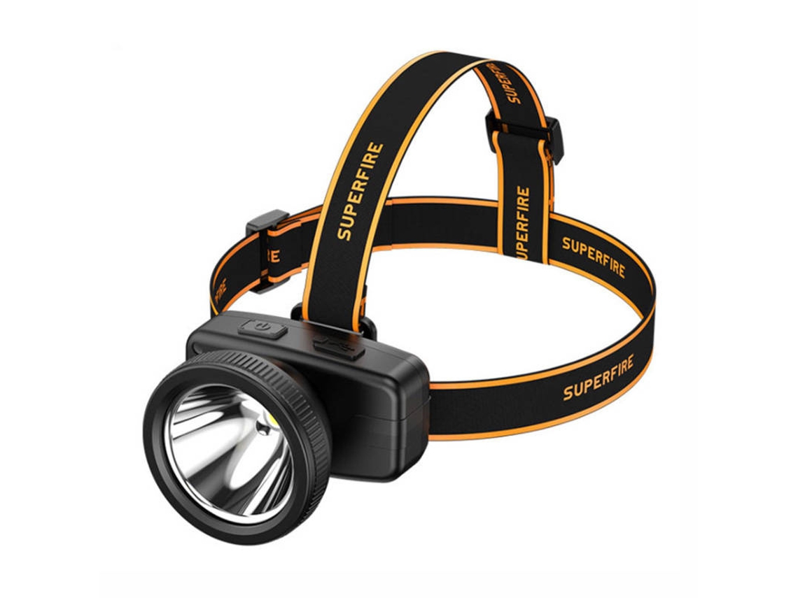 Linterna frontal SUPERFIRE HL55 para rutas de montaña y turismo, con USB y 150 lúmenes.