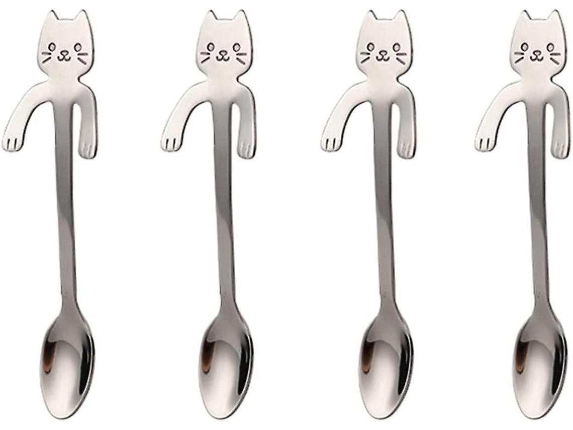 Mini Cat 4 Cucharas de Café de Acero Inoxidable Plateadas para Amantes de los Gatos