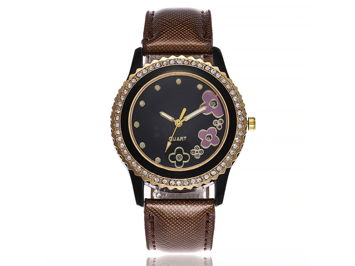 Reloj De Pulsera De Cuarzo Para Mujer Con Correa De Piel Sintética Y Diamantes De Imitación Con Estampado Floral.