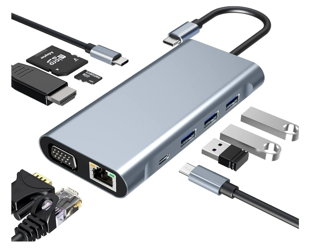 Adaptador Base Usb-c 10 Em 1, Com Hdmi 4k, Vga, Porta Usb 3.0, Carregamento Usb-c Pd De 100 W, Leitor De Cartão Ethernet Rj45*