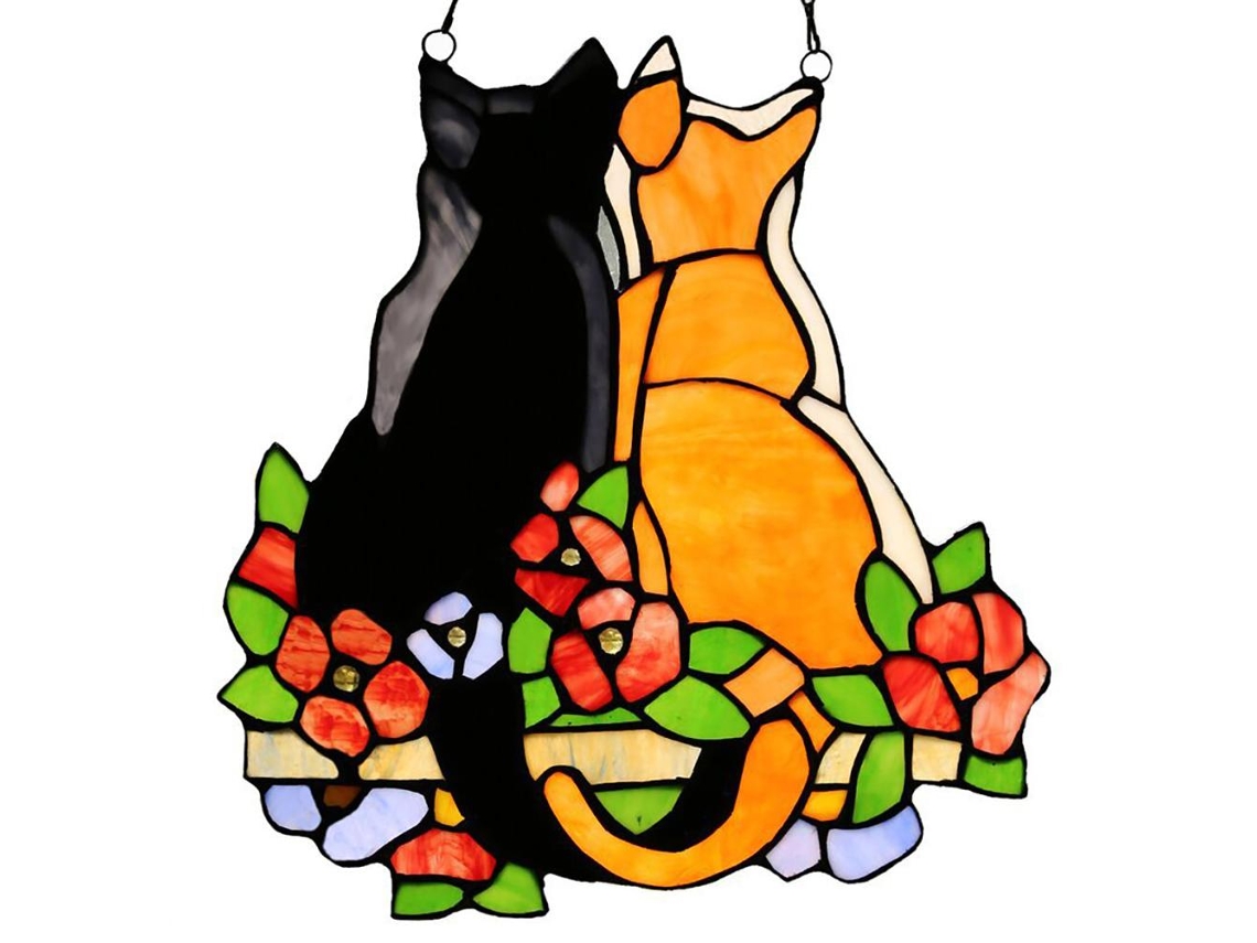Panel de ventana con gatos de vidrieras para la decoración del hogar.