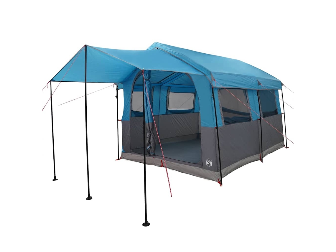 Tienda de campaña familiar para 4 personas con techo azul y gris.