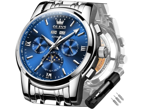 VEANXIN Reloj mecánico automático Tourbillon de acero inoxidable resistente al agua con fecha luminosa para hombre(cara azul)