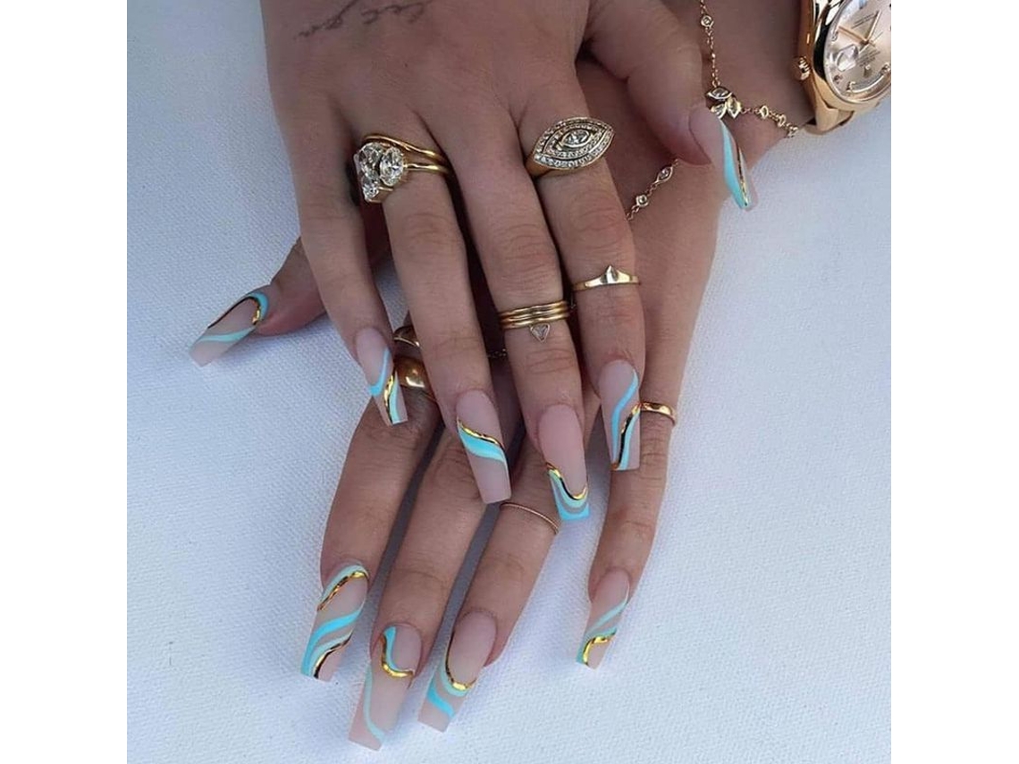 Linjou - 24 Uñas Postizas Largas Estilo Bailarina Con Lámina Dorada, Pegamento Y Varios Tamaños.