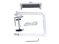 Soporte metálico para teléfono y tableta para cama y oficina con abrazadera, brazo largo y montaje fijo.