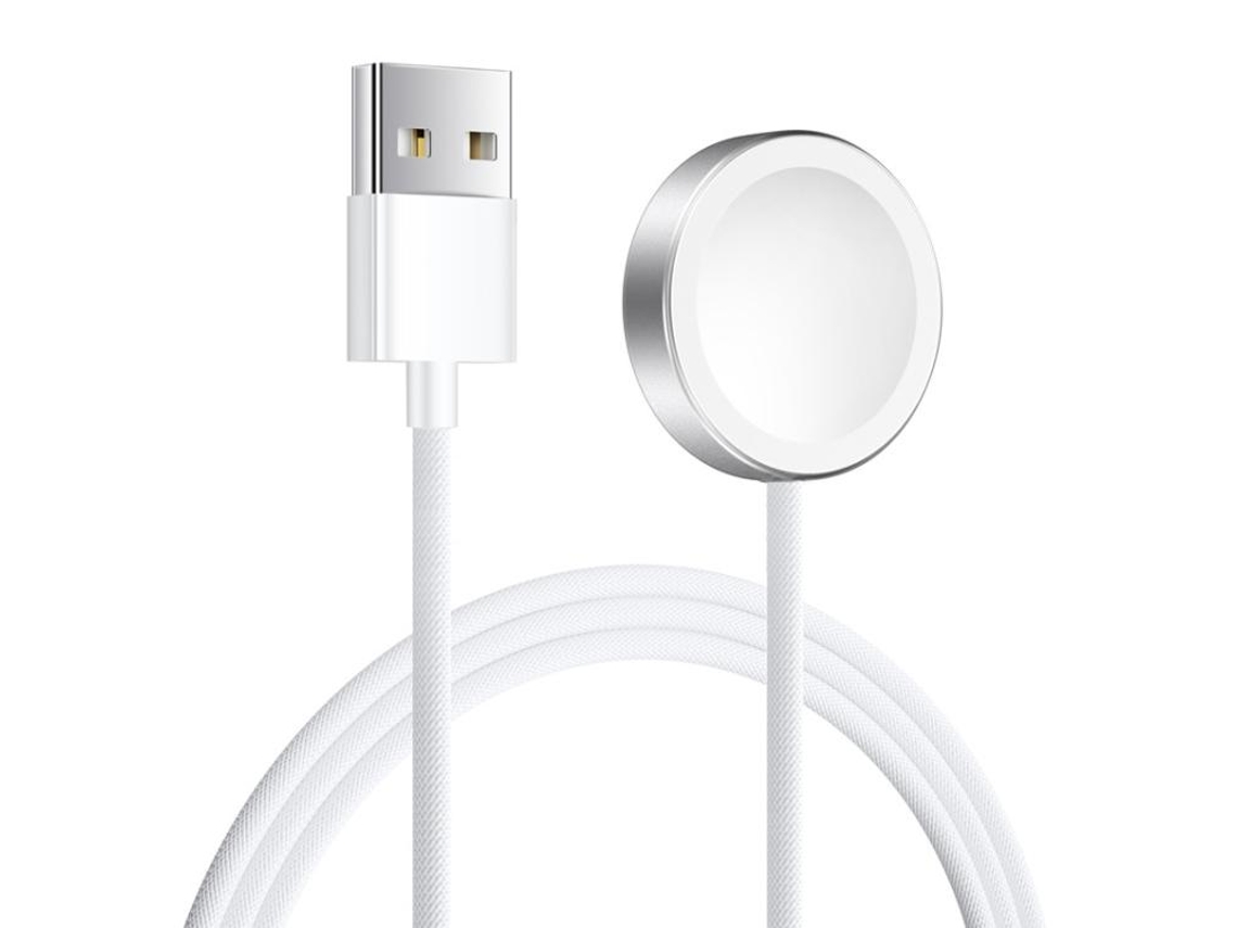 Cargador inalámbrico magnético para Apple Watch Series 8 con carcasa de aleación de aluminio, interfaz USB, blanco.