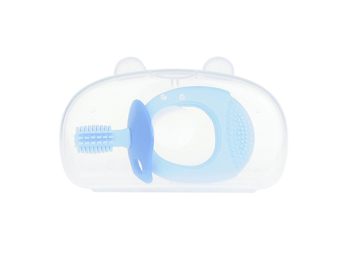 Cepillo De Dientes De Silicona Para Bebé, Masajeador De Encías Con Chupete Giratorio De 360° Y Caja Azul.