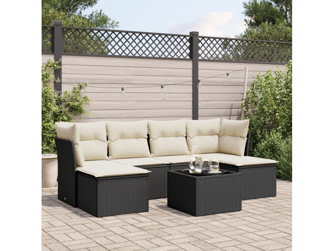 Conjunto de sofá de jardín de 7 piezas con cojines, ratán negro, Dkd Home Decor
