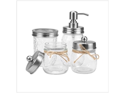 Set De 4 Accesorios De Baño: Dispensador De Jabón, 2 Frascos Farmacéuticos Y Portacepillos, Acero Inoxidable Y Vidrio, Plateado