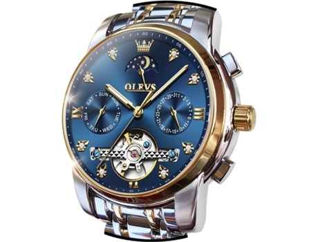 VEANXIN Reloj hueco automático para hombre Calendario clásico Reloj de acero inoxidable resistente al agua(azul dorado)