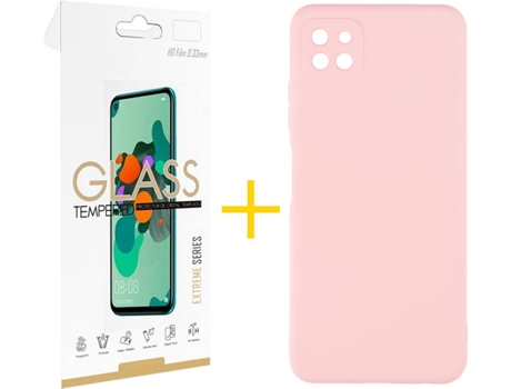 Funda y Protector de Vidrio 1x Samsung Galaxy A22 5G SKYHE Silicona Líquida Rosa Crema