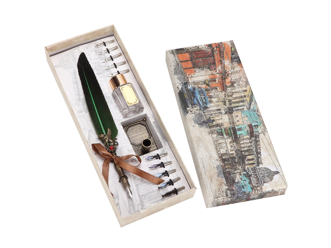 Set Pluma De Pluma Vintage Creatividad Tinta Grabado Escritura Regalo Caja Negro Verde