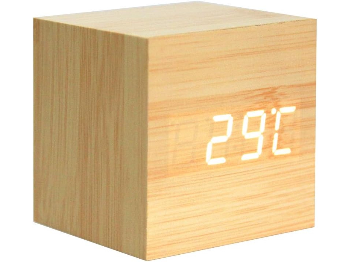 Mini reloj despertador digital de madera con control de voz