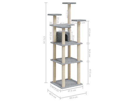 vidaXL Rascador para gatos con postes de sisal gris claro 171 cm