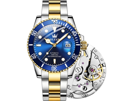 VEANXIN Reloj mecánico automático luminoso con esfera grande para hombre, resistente al agua, con mano grande y cuerda automática(azul dorado)