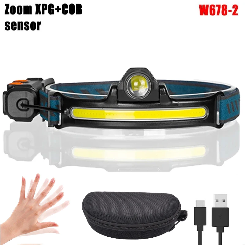 Linterna frontal LED con sensor Xpgcob, recargable por USB, zoom ajustable, ideal para camping, pesca y búsquedas nocturnas. Aeuzwr