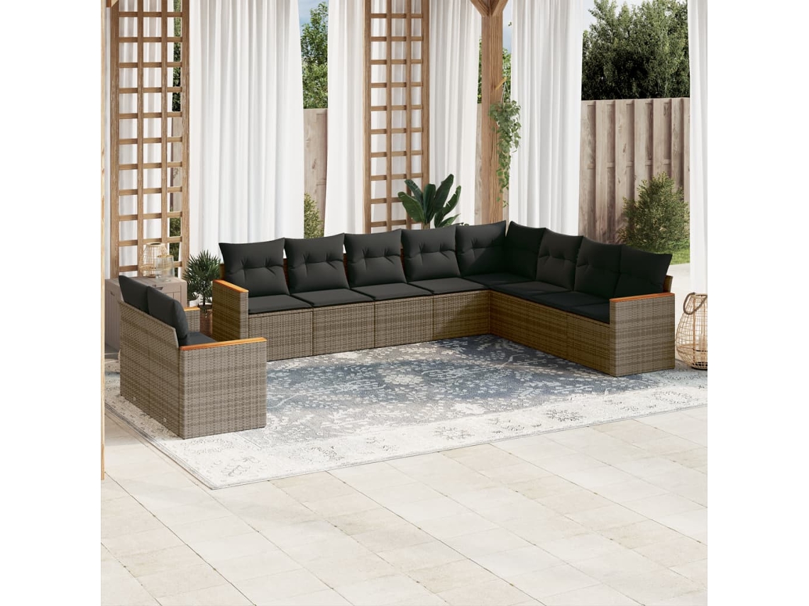 Conjunto de sofá de jardín de 10 piezas con cojines, ratán gris, DKD Home Decor