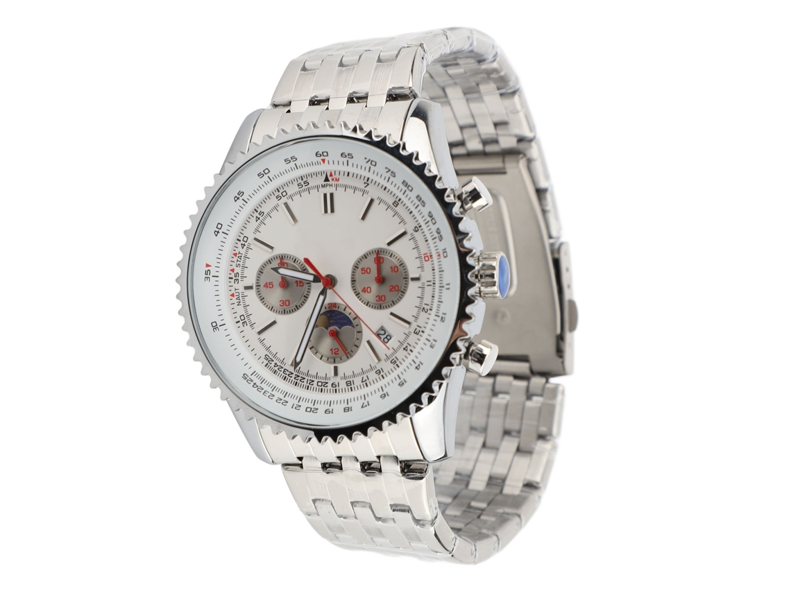Reloj De Cuarzo Para Hombre Con Calendario E Indicador De Fases Lunares, Brazalete De Acero Inoxidable, Acabado Plateado.