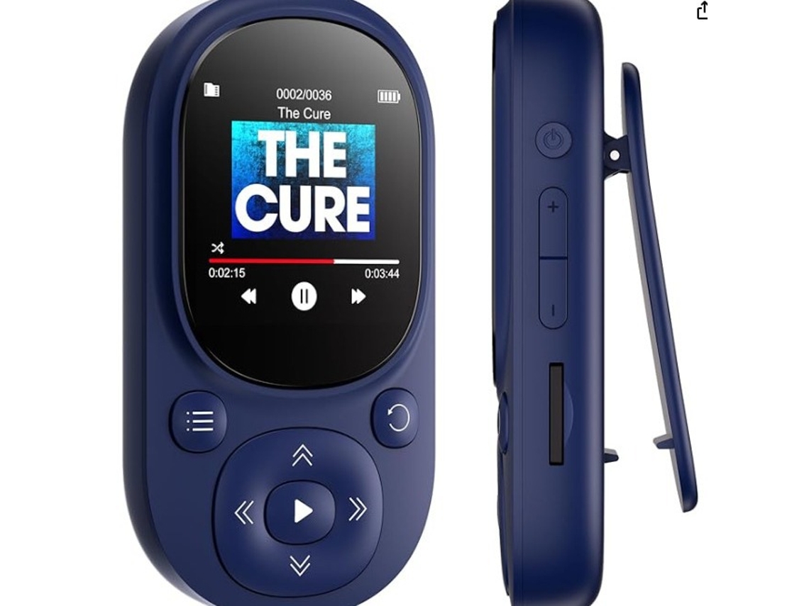 Reproductor MP3 de 32 GB, compatible con Bluetooth 5.3, sonido HiFi, pantalla de 1,5 pulgadas, reproductor MP3 portátil con clip, azul Sfushos