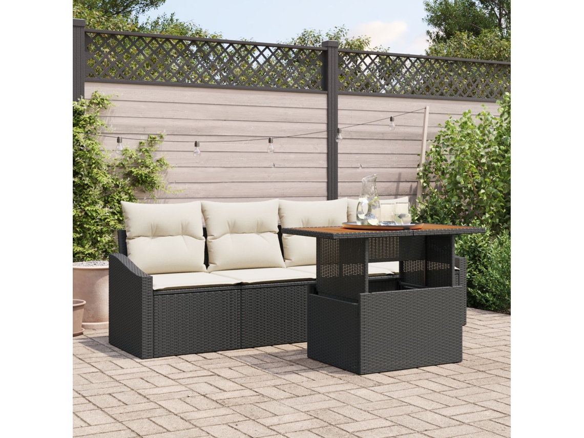 Conjunto de mesa de jardín Lovely Home de 5 piezas con cojines de polirratán negro de acacia