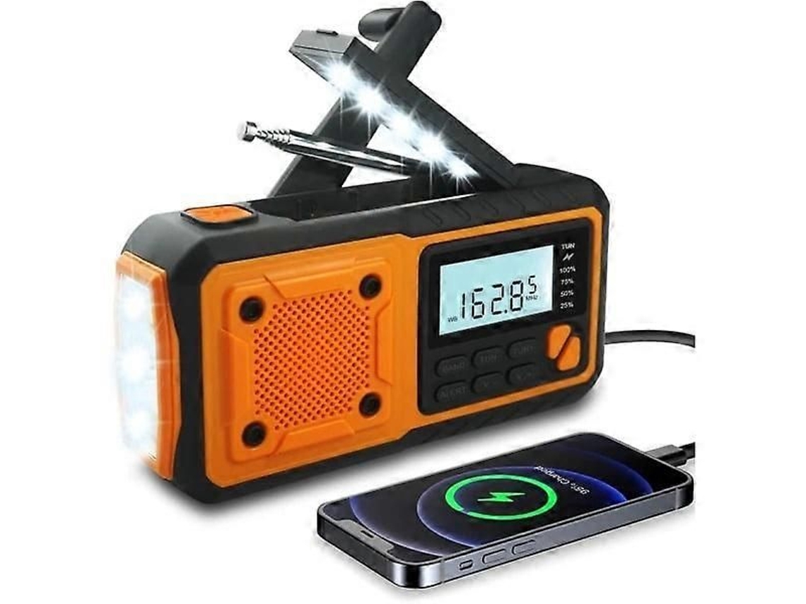 Radio portátil de emergencia GOKOCO con manivela, batería externa de 4000 mAh, alimentación solar y alerta meteorológica.