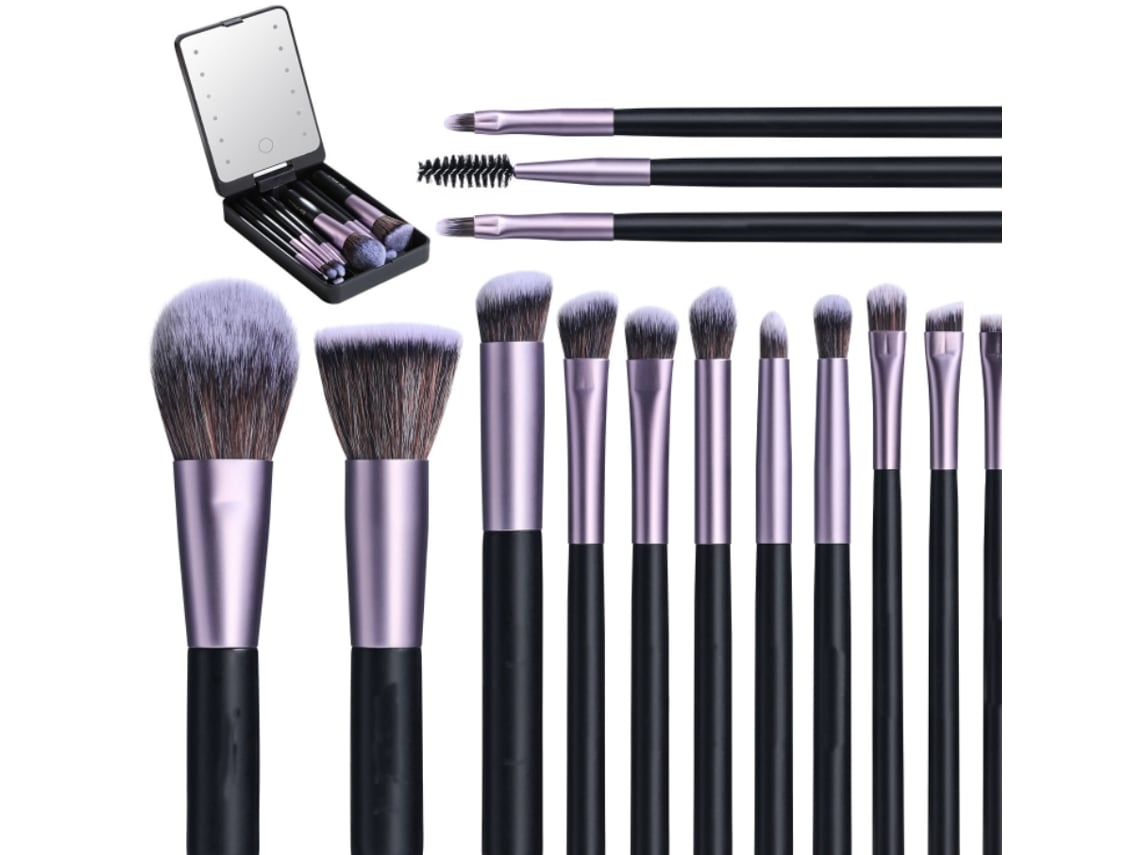 Juego de brochas de maquillaje de viaje, base, polvos, correctores, sombras de ojos, con espejo de luz LED, 14 piezas, mini Gusshious