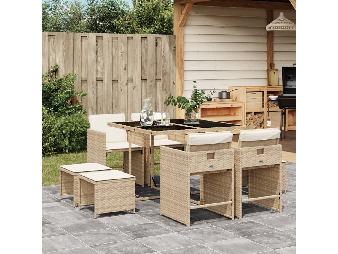 Juego de comedor de jardín de 9 piezas con cojines, mimbre sintético beige, DKD Home Decor