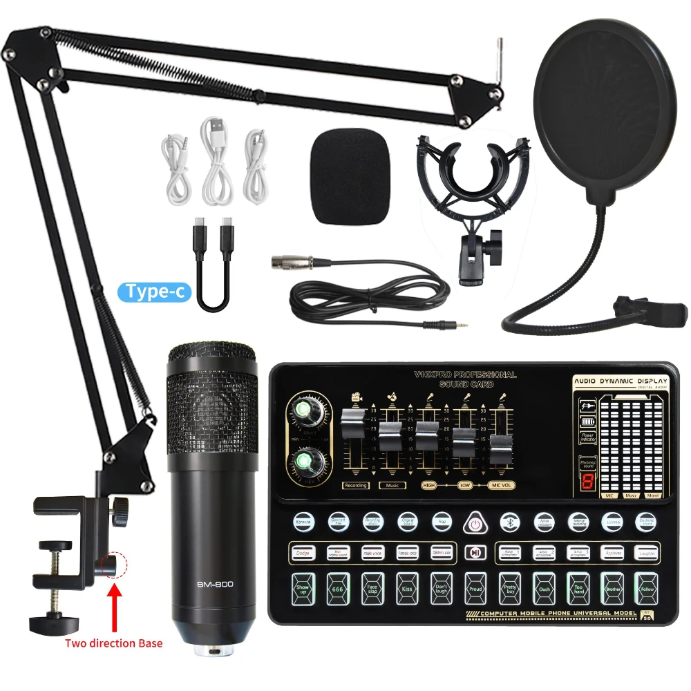 (negro) Kit De Micrófono Bm800 V10 Interfaz De Sonido En Vivo Con Soporte De Brazo Ajustable
