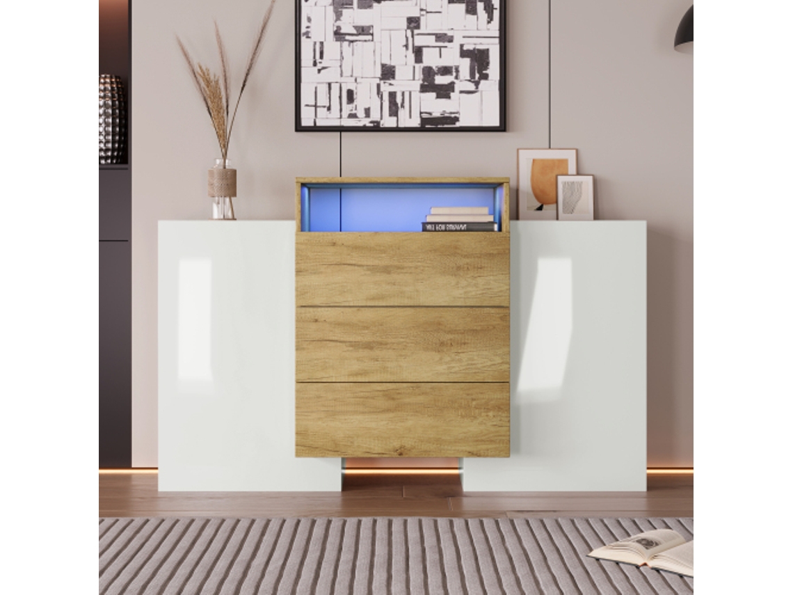 Aparador de 140 cm, blanco brillante y madera, LED multicolor, superficie parcialmente brillante.
