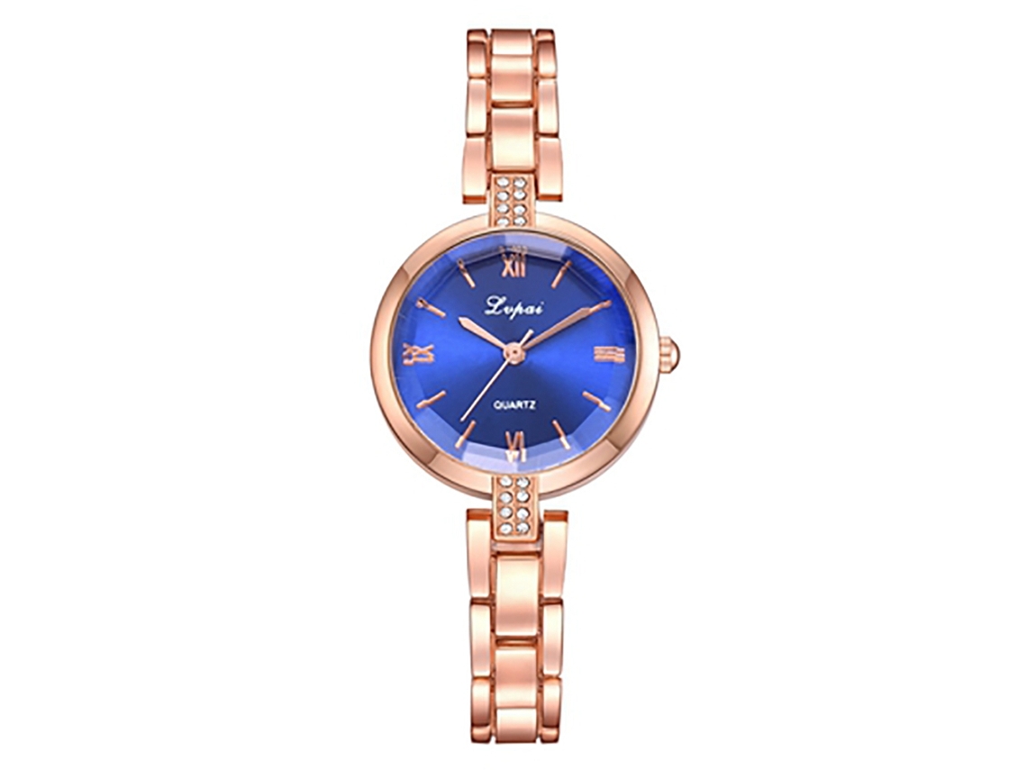 Reloj De Pulsera Para Mujer Con Brazalete De Acero Y Diamantes De Imitación Azules En Oro Rosa.