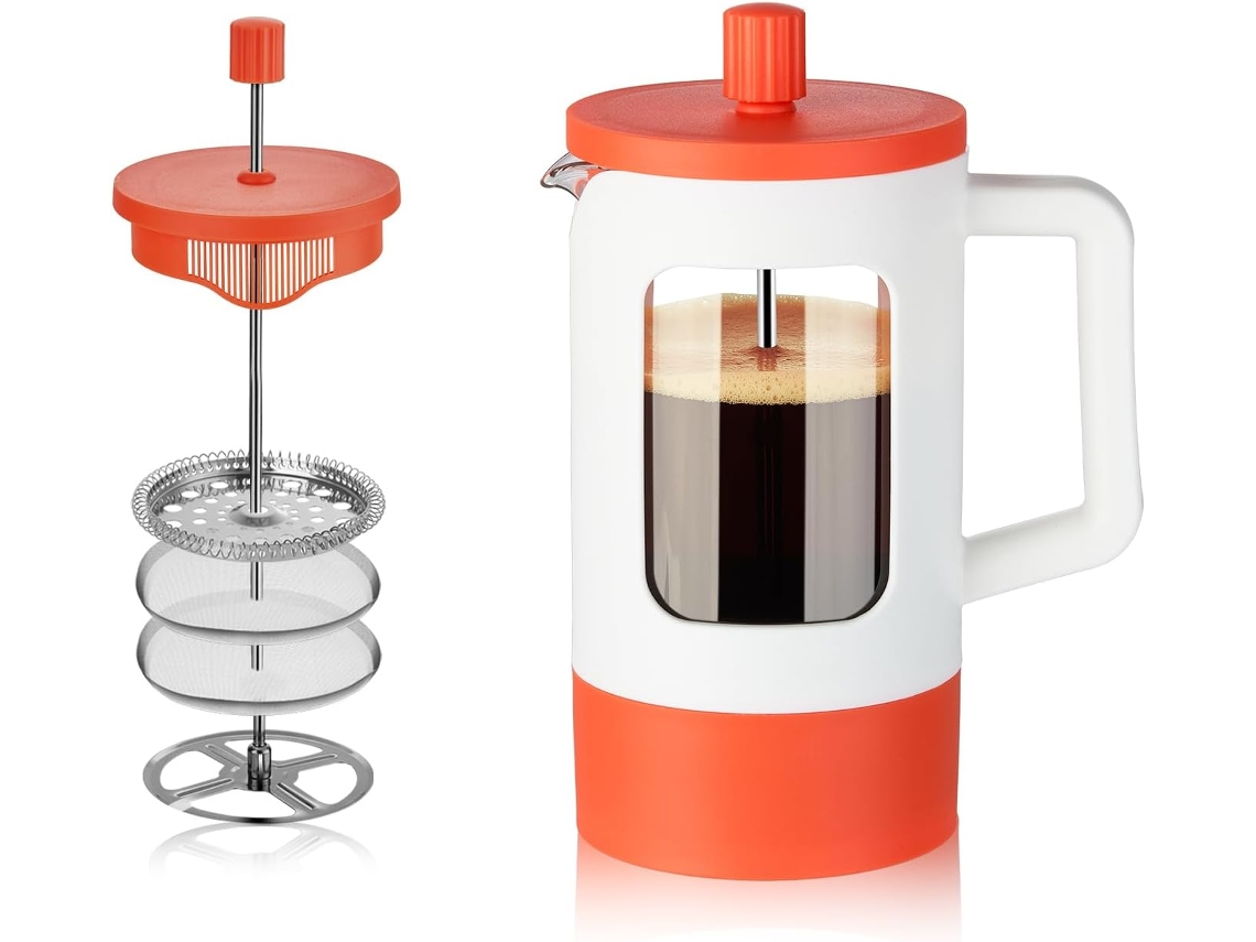 Cafetera de prensa francesa, vidrio de borosilicato resistente al calor, color naranja y blanco Eifson (1000 ml)