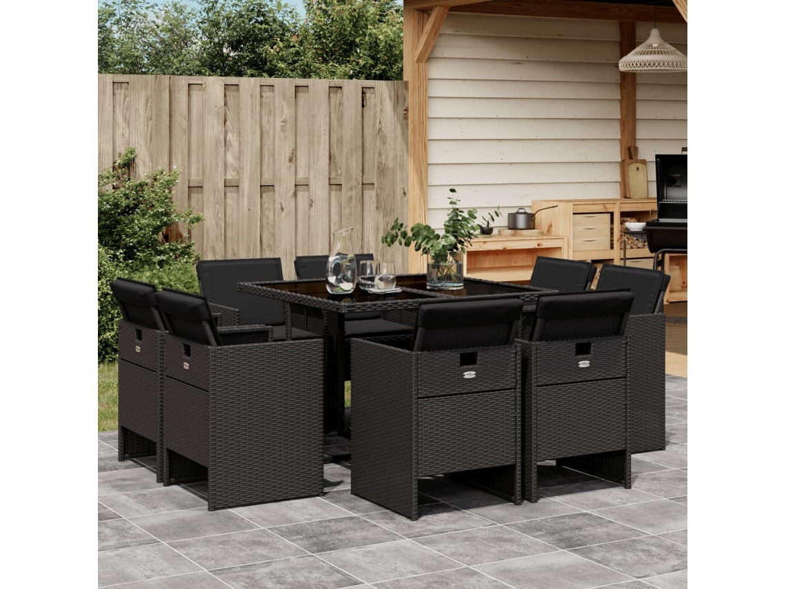 Juego de comedor de jardín de 9 piezas con cojines, mimbre sintético negro, DKD Home Decor