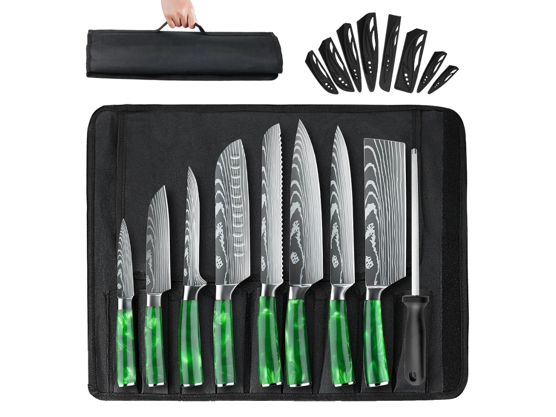 Juego de cuchillos de 10 piezas, acero inoxidable, mango ergonómico, ecológico, OEM verde
