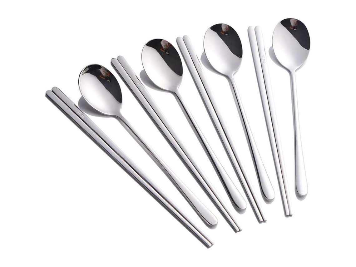 2026-set De Cubiertos Coreanos 4 Pares Palillos Y Cucharas Acero Inoxidable 304 8 Piezas Plata