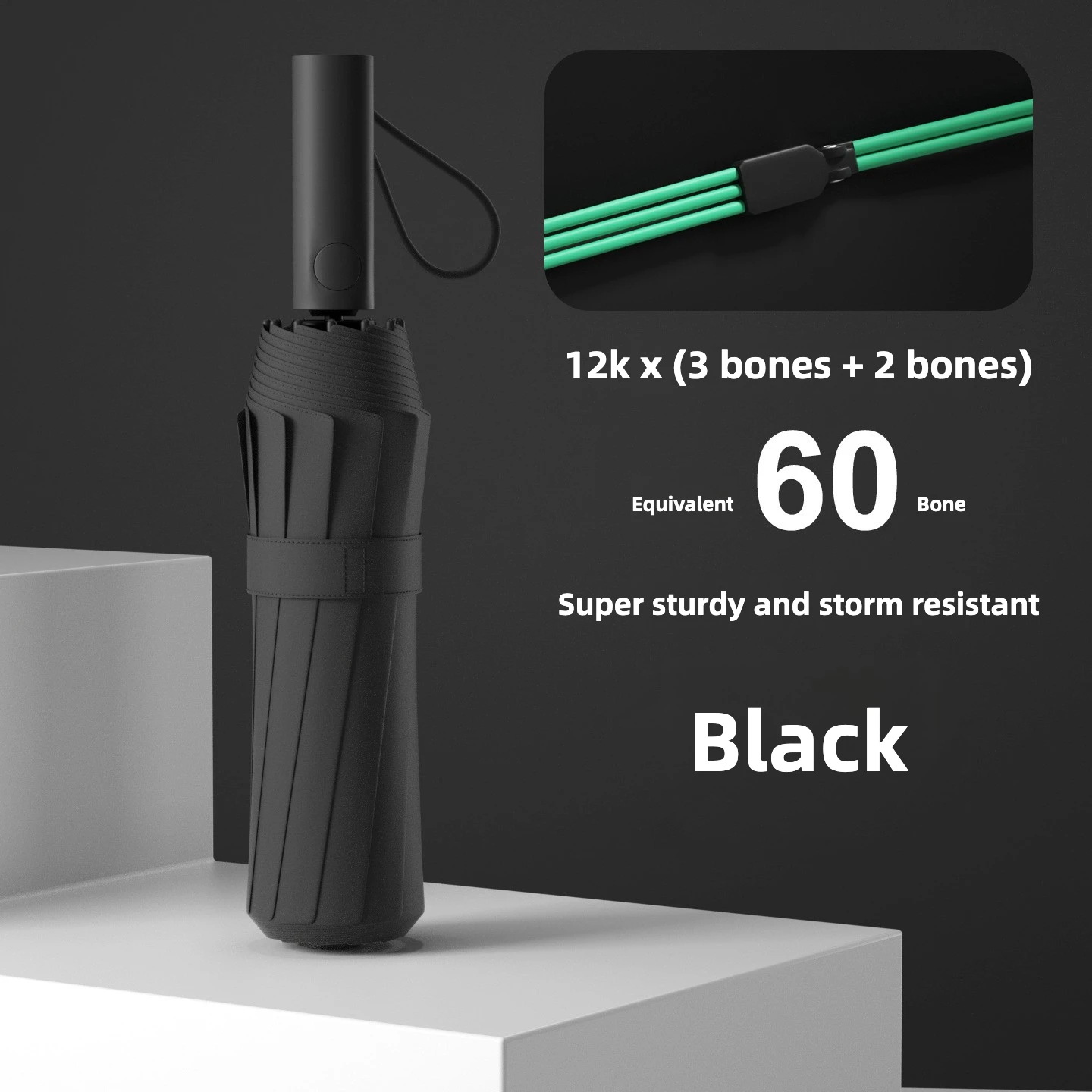 (negro 12k) Paraguas Automático Plegable Resistente Al Viento, Protección Solar Upf50+ Y Protección Uv.