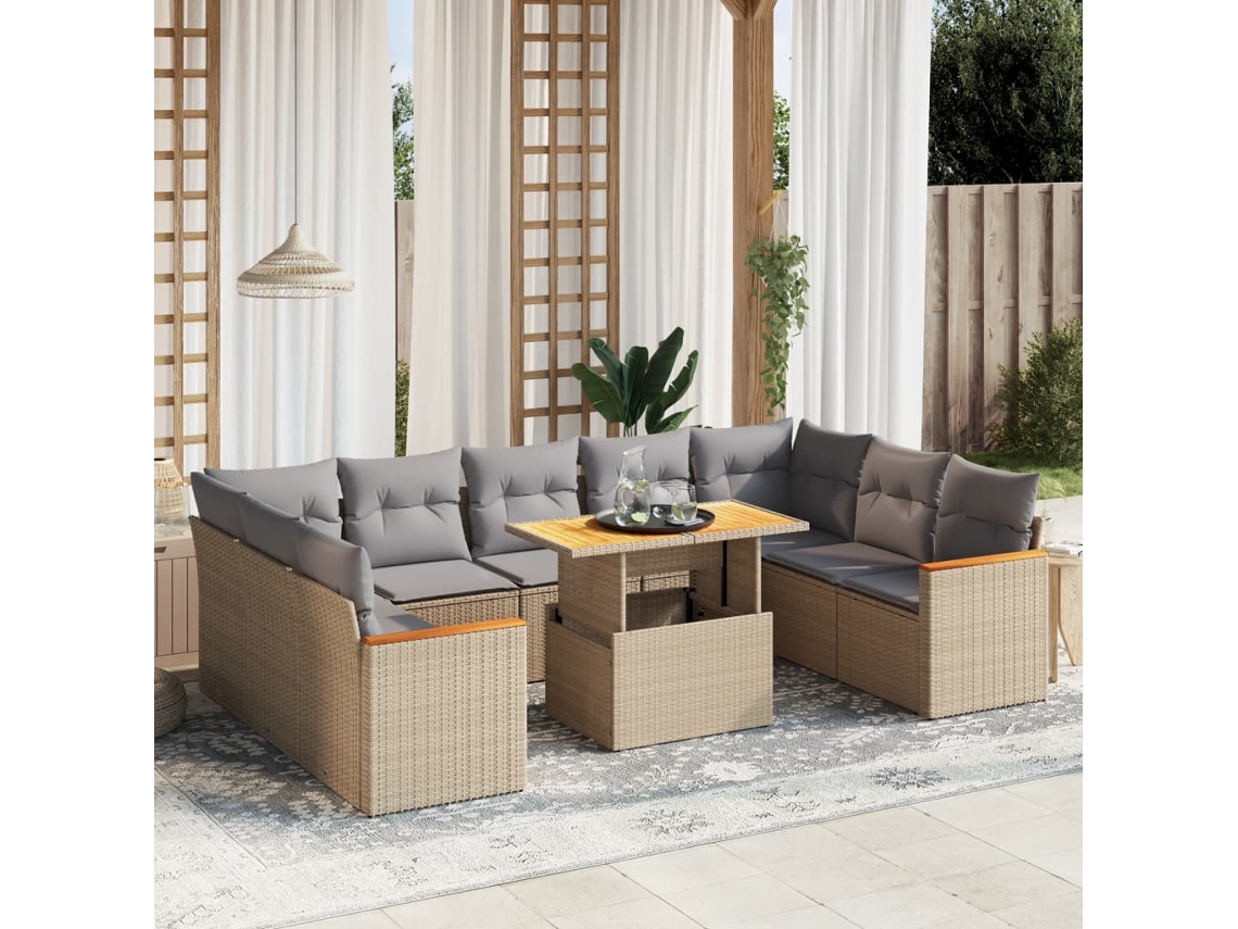 Conjunto de sofá de jardín de 10 piezas con cojines, mimbre sintético beige, Dkd Home Decor