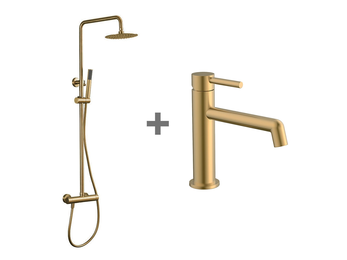 Grifo monomando para lavabo y columna Kibath Gold, acabado en oro cepillado en latón.