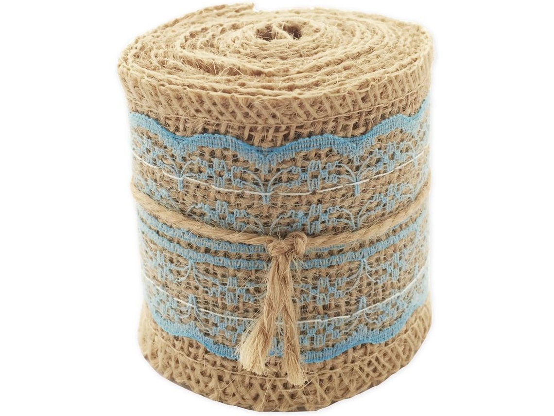 Cinta de yute natural con encaje azul, de 6 cm de ancho y 2 metros de largo, ideal para manualidades y decoración.