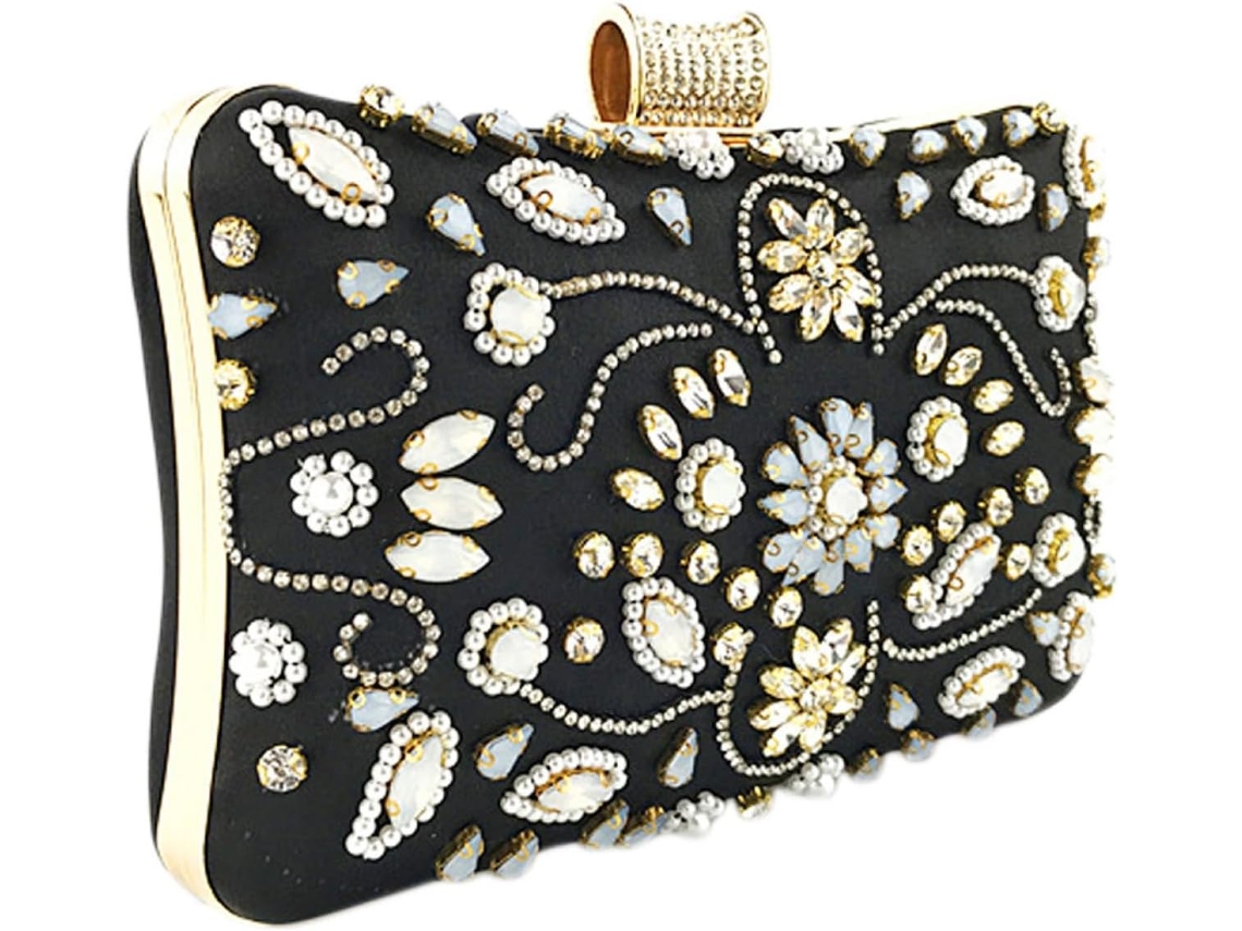 Bolso De Mano Negro De Noche Decorado Con Perlas Y Cristales, Bolso De Mano Para Mujer, Estilo