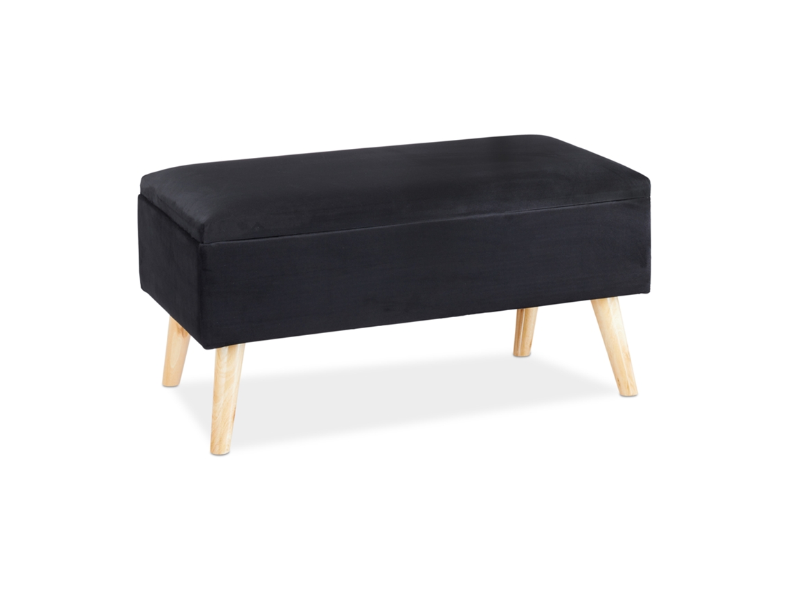 Relaxdays Baúl Almacenamiento, Funda Terciopelo, 40 L, Acolchado, Patas Madera, Asiento Almacenaje, 41x80x40 Cm, Negro