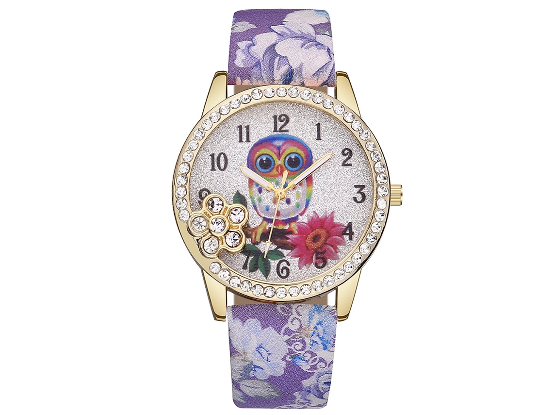 Reloj Vansvar Para Mujer Con Correa De Pu Y Estampado Floral De Búho Con Pedrería Morada.