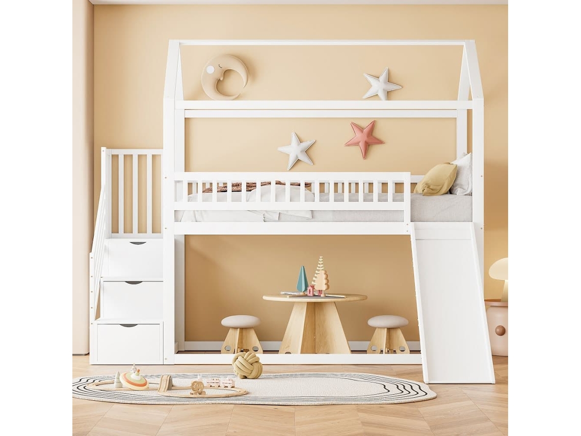 Cama Alta Infantil 90x200 Cm - Con Tobogán, Escalera Con Almacenamiento, Estructura De Madera Maciza, Barandilla Alta - Blanco