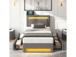 Cama Tapizada De 90 X 190 Cm, Led, Usb, 4 Cajones, Sin Colchón, Polipiel Lichi, Color Gris